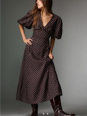 Lovaan Adeline Linen Blend Puff Sleeve Midi Dress